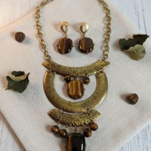 colar pedras olho de tigre e brincos estilo oriental marrom