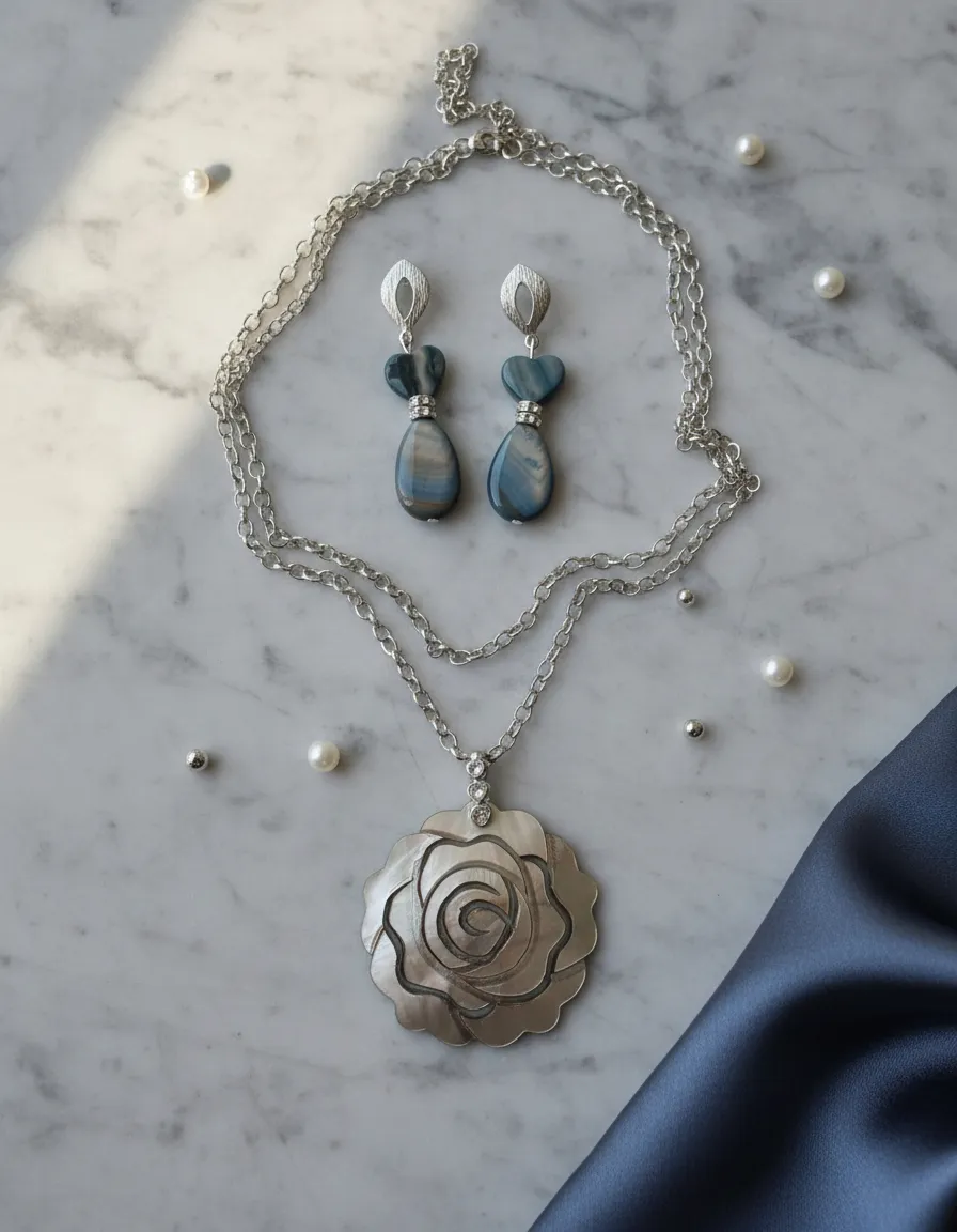 colar em madrepérola abalone e brincos cinza colar em madrepérola abalone e brincos cinza