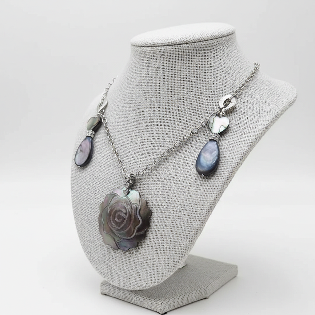 colar em madrepérola abalone e brincos cinza colar em madrepérola abalone e brincos cinza