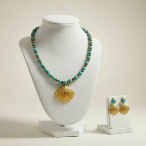 colar e brincos truquesa com concha dourada mar e oceano