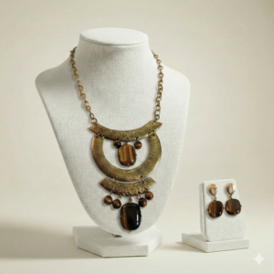 colar pedras olho de tigre e brincos estilo oriental marrom