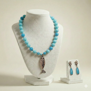 colar e brincos azul celeste/turquesa coleção mar e oceano