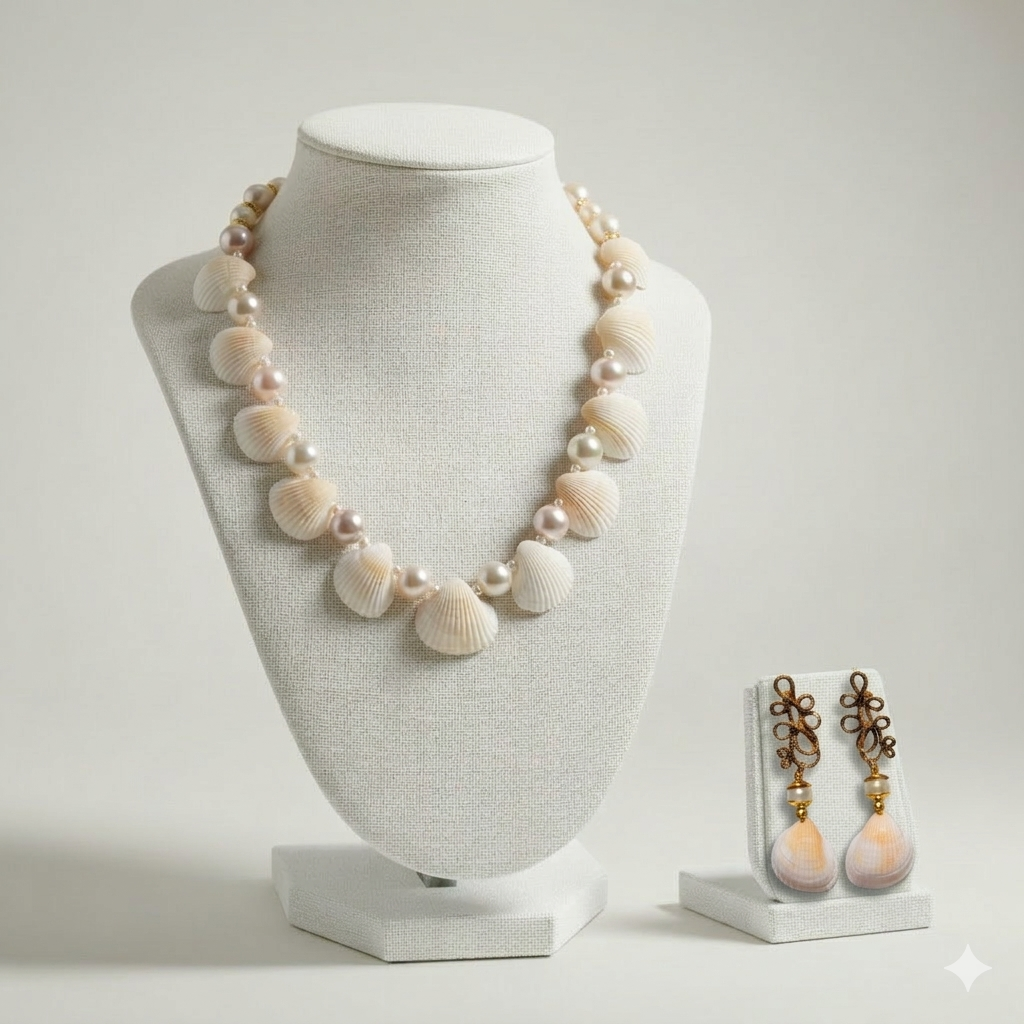 colar e brincos com conchas naturais e pérolas colar e brincos com conchas naturais e pérolas