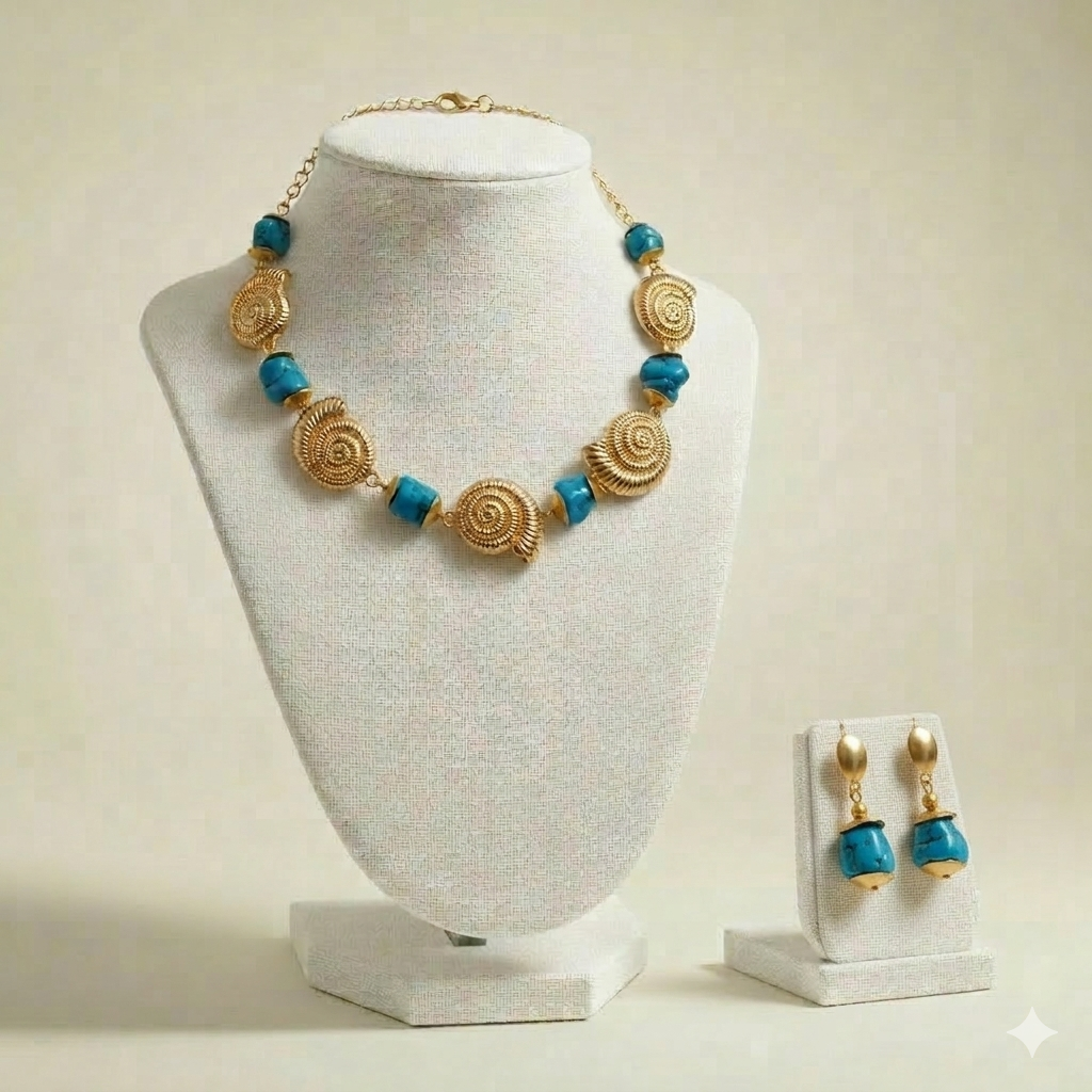 elegante colar e brincos caracol com turquesa cérebro elegante colar e brincos caracol com turquesa cérebro