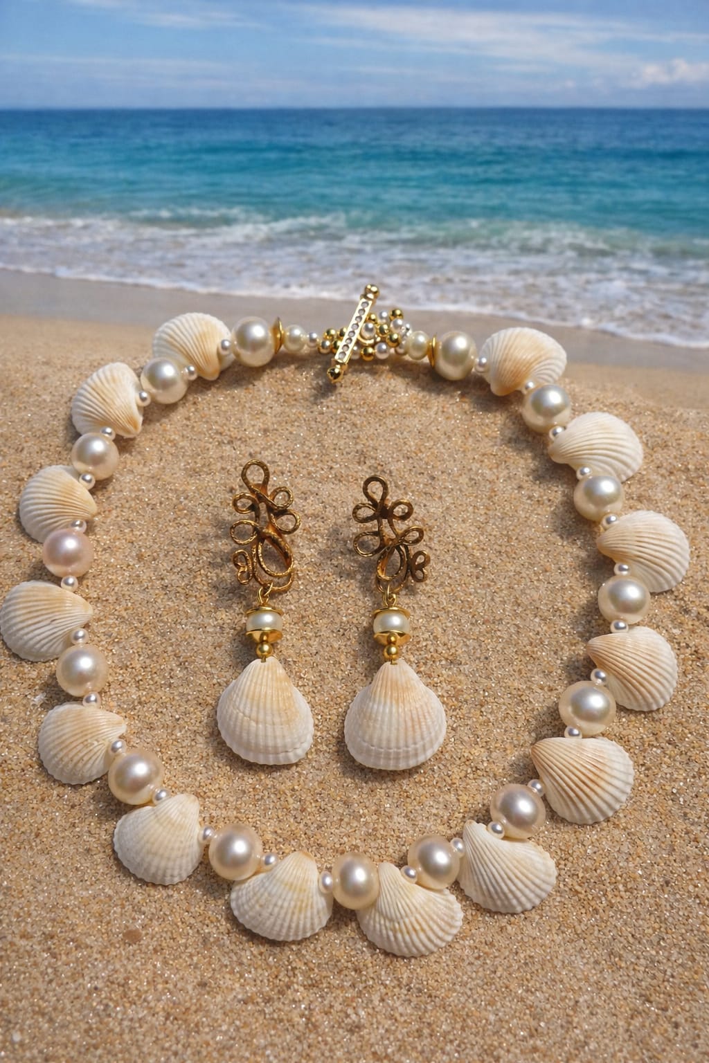 colar e brincos com conchas naturais e pérolas colar e brincos com conchas naturais e pérolas