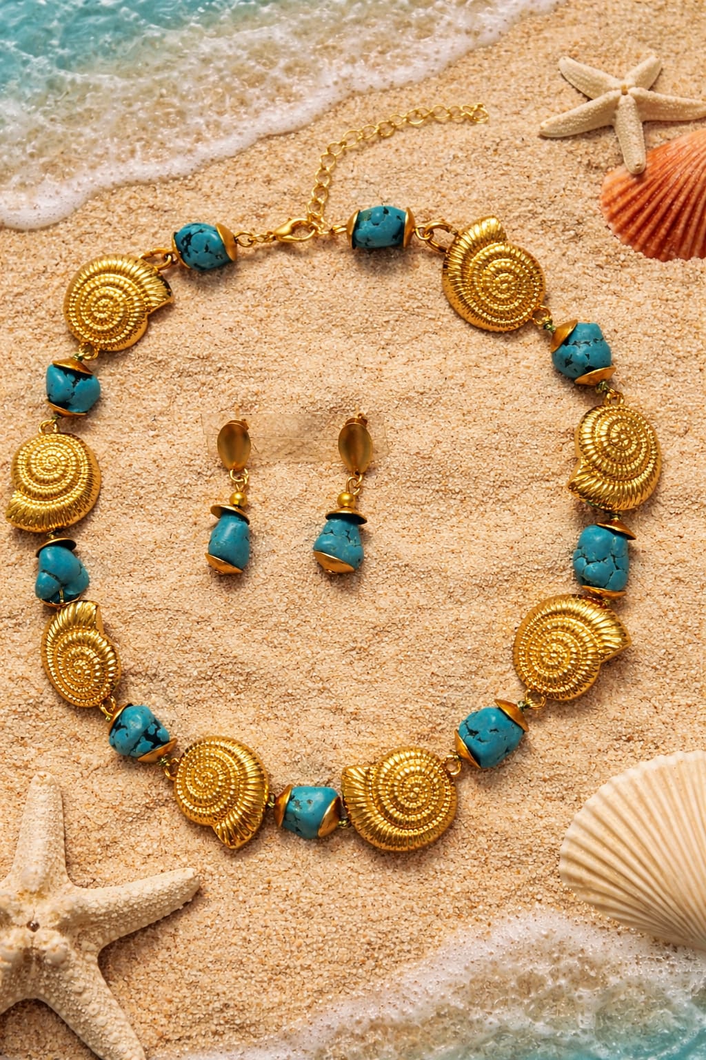 elegante colar e brincos caracol com turquesa cérebro elegante colar e brincos caracol com turquesa cérebro