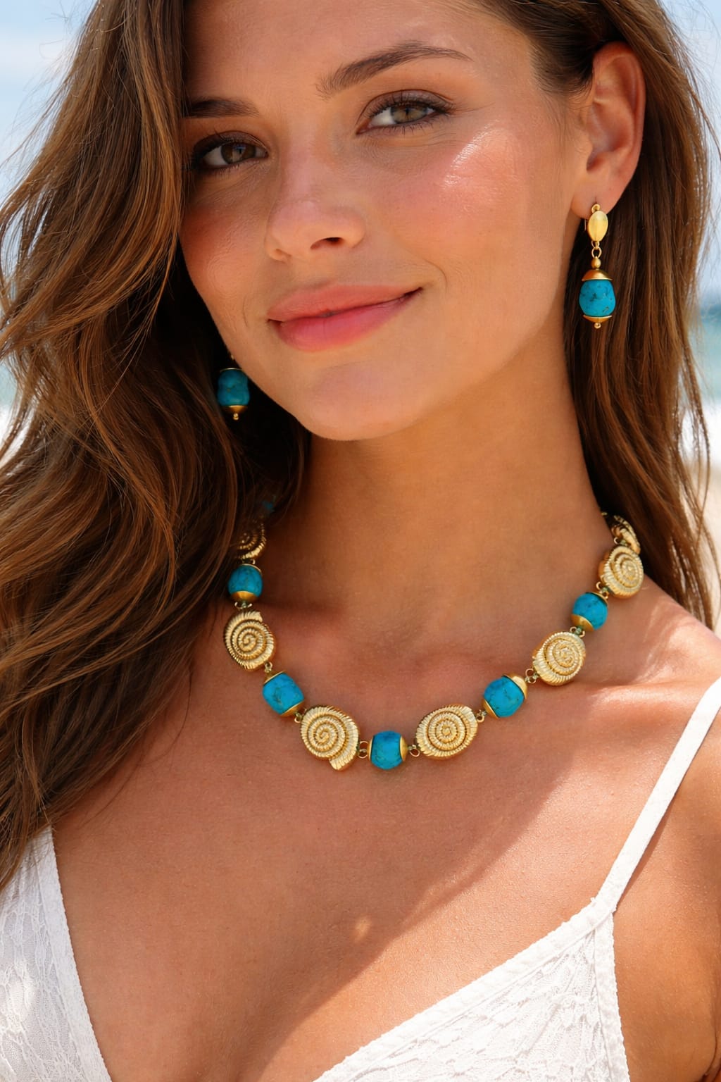 elegante colar e brincos caracol com turquesa cérebro elegante colar e brincos caracol com turquesa cérebro