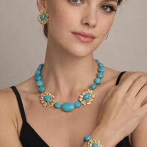 Início conjunto de colar, brincos e pulseira em pedra tuequesa