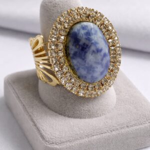 Início anel folheado ouro 18k sodalita e zircônias