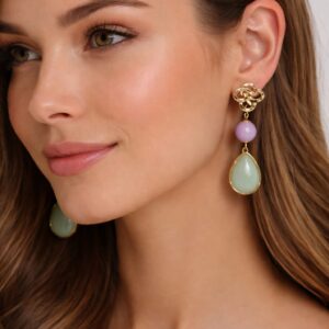 Início brincos folheados com pedras naturais jade lavanda e quartzo verde